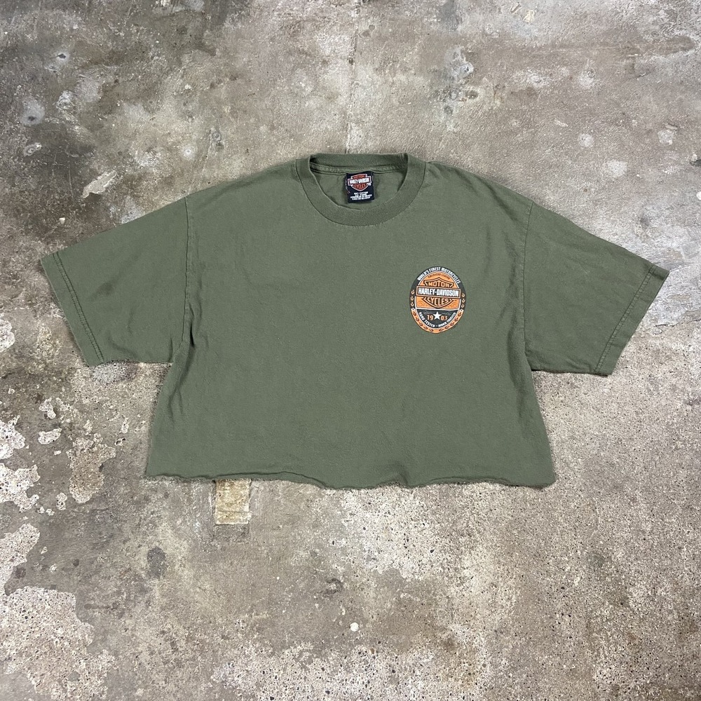 Vintage Y2K Harley Davidson Cropped T-Shirt Size Large Green Johnson City TN